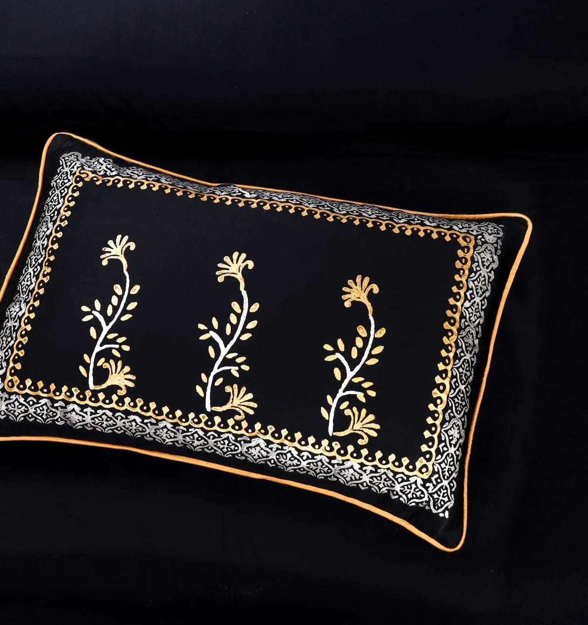 Black & Golden Silk Satin Block Printed Bridal Bedsheet Set