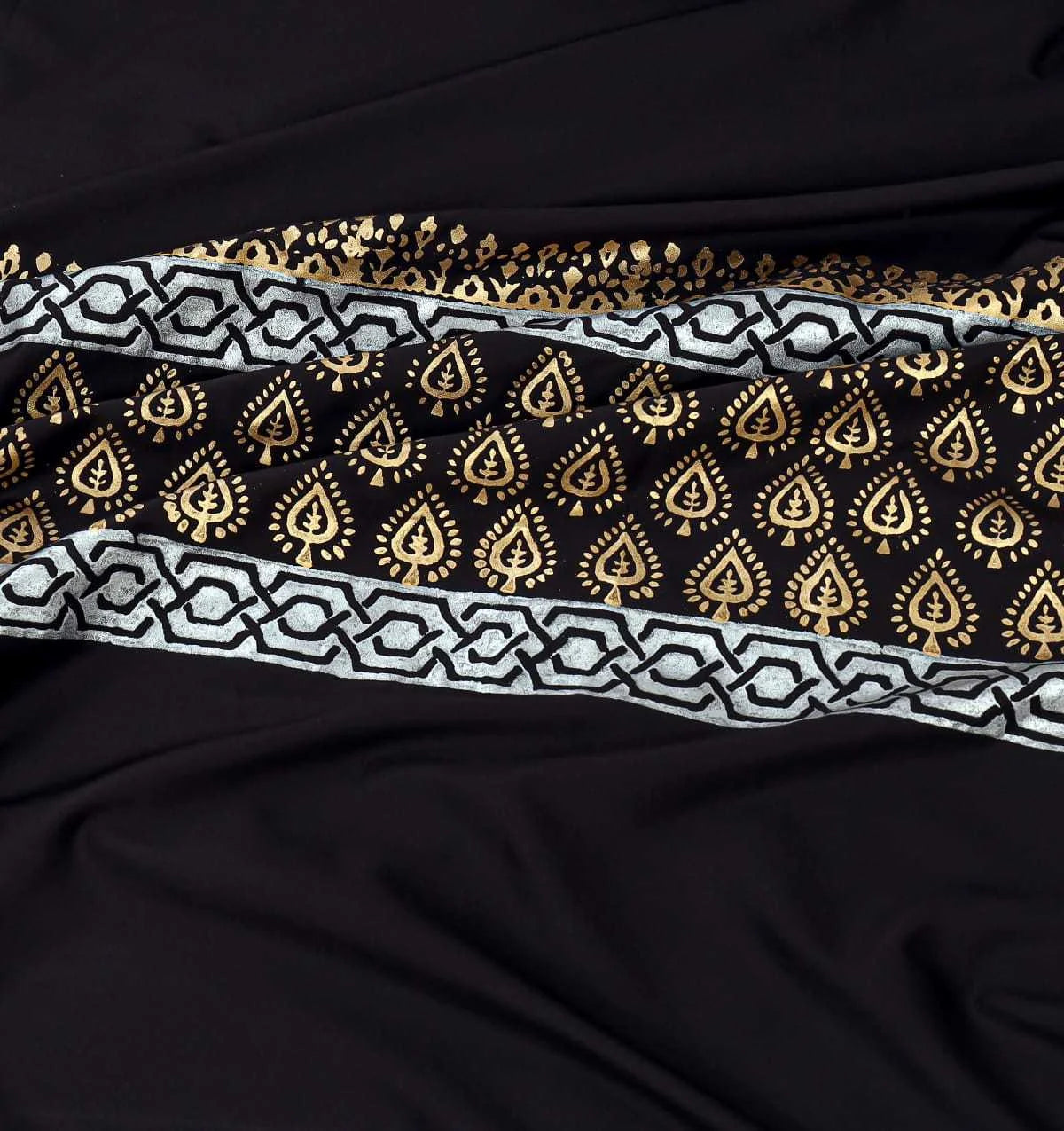 Black and Golden Silk Satin Block Printed Bridal Bedsheet Set