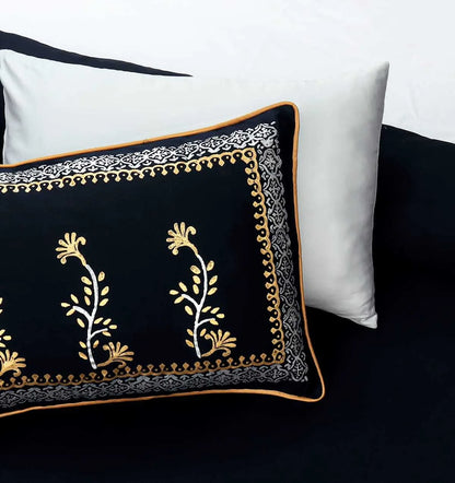 Black and Golden Silk Satin Block Printed Bridal Bedsheet Set