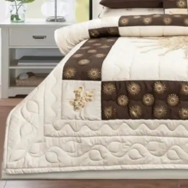 Brown Golden Block Printed Cotton Satin Bedsheet Set