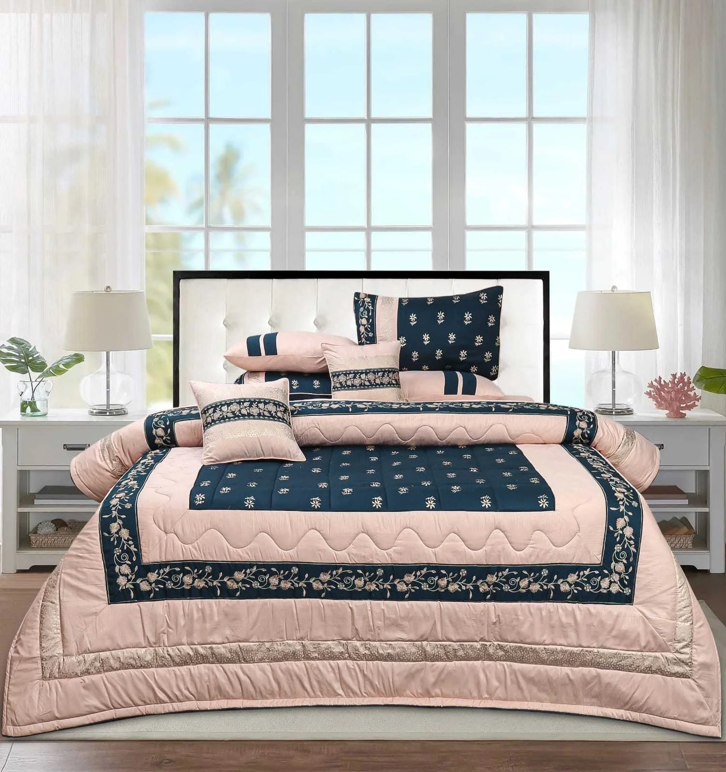 Luxury Embroidered Bedding Set Navy Blue and Peach