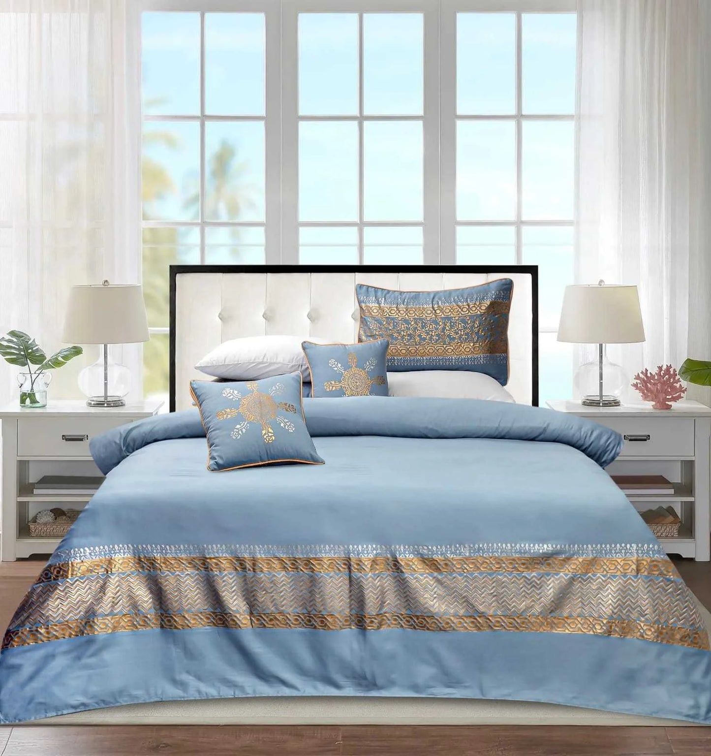 Sky Gold Silk Satin Block Printed Bridal Bedsheet Set