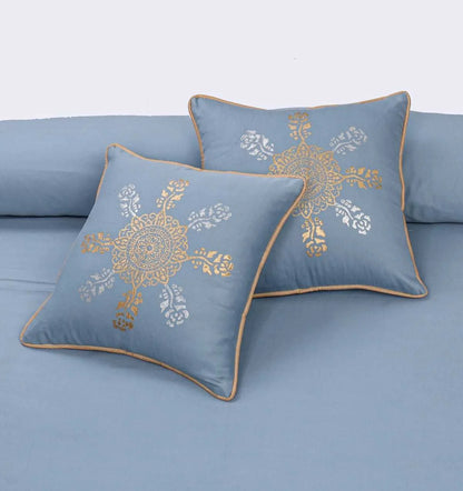 Sky Gold Silk Satin Block Printed Bridal Bedsheet Set